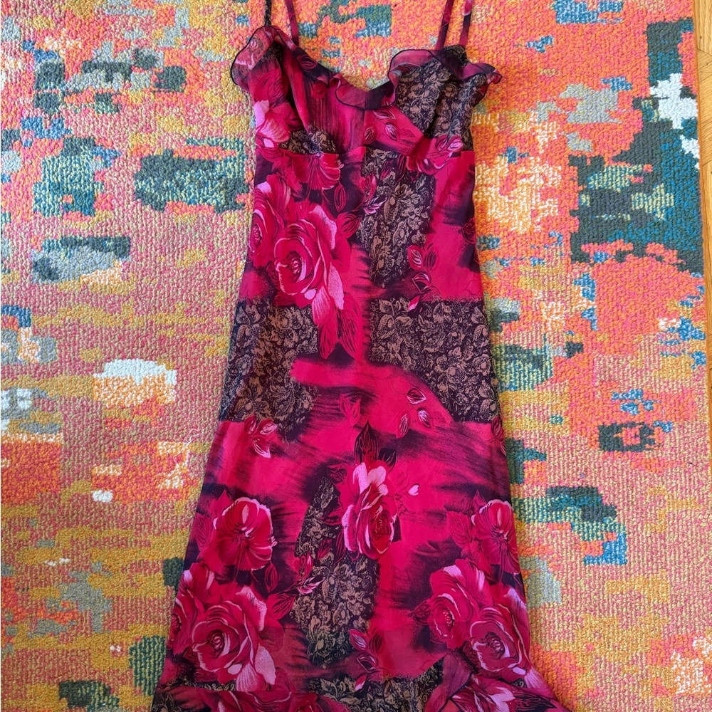 Vintage red rose midi dress with ruffle detail